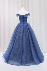 Blue Shiny Tulle Off the Shoulder Prom Dresses, Blue V-Neck Evening Dresses