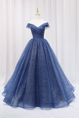 Blue Shiny Tulle Off the Shoulder Prom Dresses, Blue V-Neck Evening Dresses