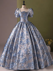 Blue Short Sleee Print Pearls Quinceanera Dresses