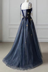 Blue Spaghetti Strap Long Prom Dresses with Star, Blue Evening Party Dresses