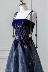 Blue Spaghetti Strap Long Prom Dresses with Star, Blue Evening Party Dresses