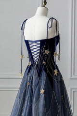 Blue Spaghetti Strap Long Prom Dresses with Star, Blue Evening Party Dresses