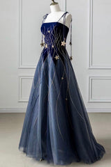 Blue Spaghetti Strap Long Prom Dresses with Star, Blue Evening Party Dresses