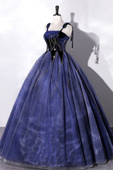 Blue Spaghetti Strap Tulle Long Prom Dresses with Star, Blue Evening Party Dresses