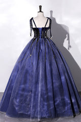 Blue Spaghetti Strap Tulle Long Prom Dresses with Star, Blue Evening Party Dresses