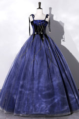 Blue Spaghetti Strap Tulle Long Prom Dresses with Star, Blue Evening Party Dresses