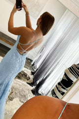 blue spaghetti straps mermaid prom dress with appliques