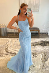 blue spaghetti straps mermaid prom dress with appliques