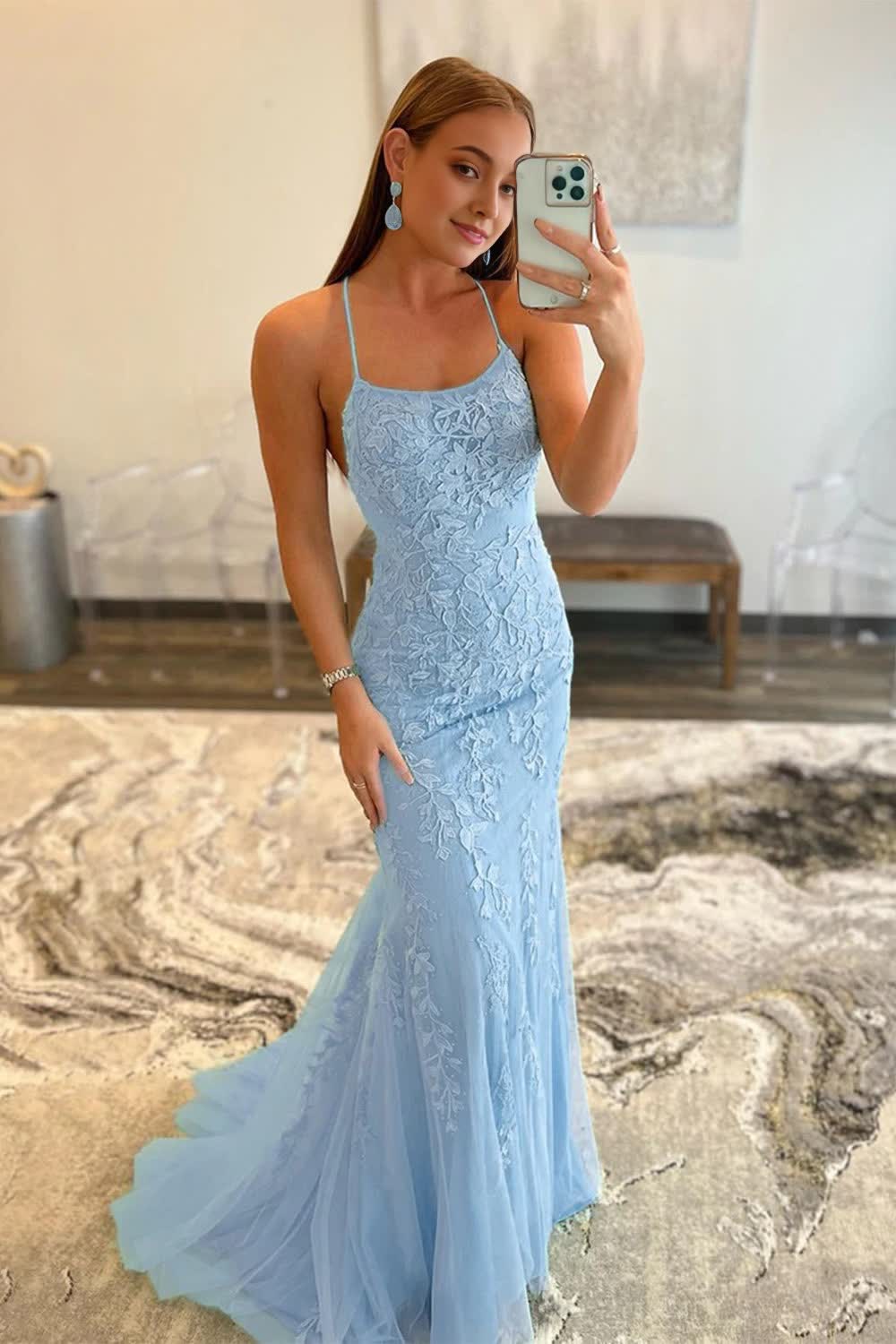 blue spaghetti straps mermaid prom dress with appliques