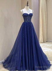 Blue Spaghetti Straps Tulle Beading Prom Dress