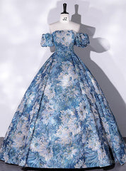 Blue Strapless Print Quinceanera Dress With Detachable Sleeve