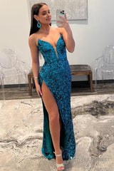 Blue Strapless Sequin Prom Dress with Slit