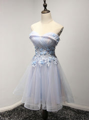 Blue Strapless Tulle Appliques Knee Length Homecoming Dresses