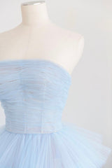 Blue Strapless Tulle Layers Long Prom Dresses, A-Line Evening Dresses