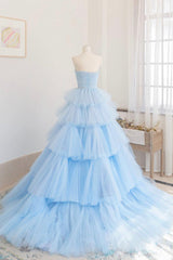 Blue Strapless Tulle Layers Long Prom Dresses, A-Line Evening Dresses