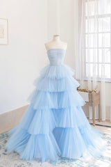 Blue Strapless Tulle Layers Long Prom Dresses, A-Line Evening Dresses