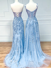 Blue Sweetheart Neck Lace Long Prom Dresses, Blue A-line Lace Graduation Dresses