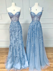 Blue Sweetheart Neck Lace Long Prom Dresses, Blue A-line Lace Graduation Dresses