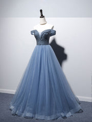 Blue Sweetheart Neck Tulle Beads Off Shoulder Long Prom Dresses