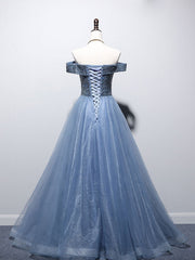 Blue Sweetheart Neck Tulle Beads Off Shoulder Long Prom Dresses