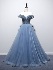 Blue Sweetheart Neck Tulle Beads Off Shoulder Long Prom Dresses