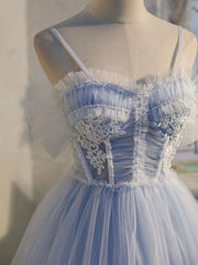 Blue sweetheart neck tulle lace short prom Dresses blue puffy homecoming Dresses