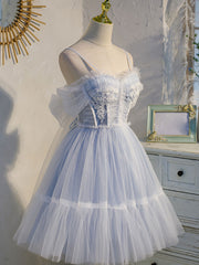 Blue sweetheart neck tulle lace short prom Dresses blue puffy homecoming Dresses