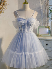 Blue sweetheart neck tulle lace short prom Dresses blue puffy homecoming Dresses