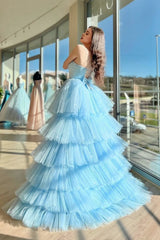 Blue Sweetheart Neck Tulle Long Prom Dresses, Beautiful A-Line High Low Party Dresses