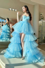 Blue Sweetheart Neck Tulle Long Prom Dresses, Beautiful A-Line High Low Party Dresses