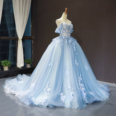 Blue Sweetheart Off Shoulder with Lace Applique Party Dresses, Blue Sweet 16 Dresses