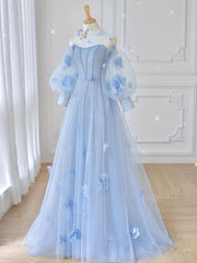 Blue Sweetheart Tulle 3D Flower Long Prom Dresses, Blue Evening Dresses