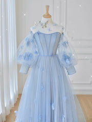 Blue Sweetheart Tulle 3D Flower Long Prom Dresses, Blue Evening Dresses