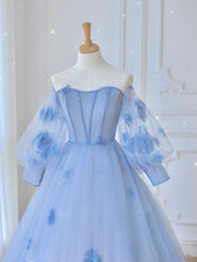 Blue Sweetheart Tulle 3D Flower Long Prom Dresses, Blue Evening Dresses