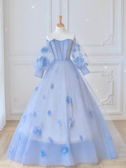 Blue Sweetheart Tulle 3D Flower Long Prom Dresses, Blue Evening Dresses