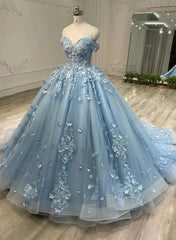 Blue Sweetheart Tulle with Lace Applique Off Shoulder Party Dresses, Blue Sweet 16 Dresses