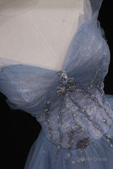 Blue Tulle A-Line Strapless Long Prom Dress, Blue Evening Party Dress