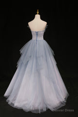 Blue Tulle A-Line Strapless Long Prom Dress, Blue Evening Party Dress