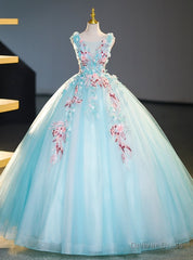 Blue Tulle Appliques Ball Gown Quinceanera Dress