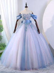 Blue Tulle Appliques Bow Quinceanera Dresses