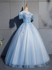 Blue Tulle Appliques Off the Shoulder Quinceanera Dress