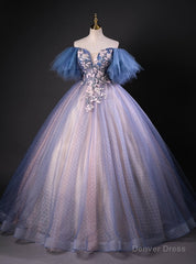 Blue Tulle Ball Gown Off the Shoulder Quinceanera Dress