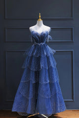 Blue Tulle Beaded Long Senior Prom Dresses, A-Line Strapless Evening Party Dresses