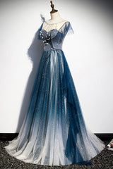 Blue Tulle Beading Long A-Line Prom Dresses, Scoop Neckline Evening Dresses