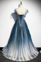 Blue Tulle Beading Long A-Line Prom Dresses, Scoop Neckline Evening Dresses