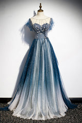 Blue Tulle Beading Long A-Line Prom Dresses, Scoop Neckline Evening Dresses