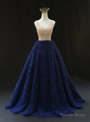 Blue Tulle Beading V-neck Prom Dress