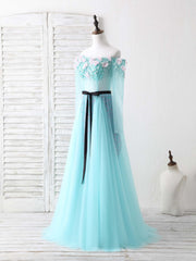 Blue Tulle Beads Long Prom Dresses Blue Beads Evening Dresses