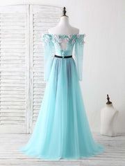 Blue Tulle Beads Long Prom Dresses Blue Beads Evening Dresses