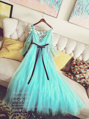 Blue Tulle Beads Long Prom Dresses Blue Beads Evening Dresses